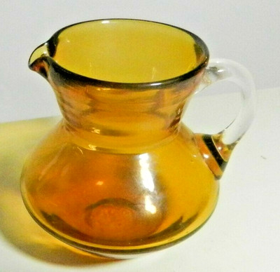 PILGRIM ART GLASS HANDBLOWN 3-1/2 inch Amber CREAMER Drawn CLEAR HANDLE-Pontil