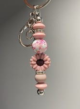 Hand Beaded Keychain Pink Flower Resin Beads Silver Tone