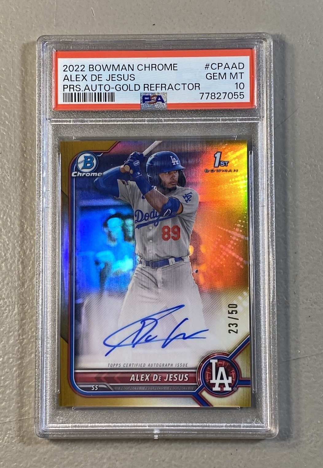 Alex De Jesus 2022 Bowman Chrome 1st Prospect Gold Refractor Auto #23/50 PSA 10