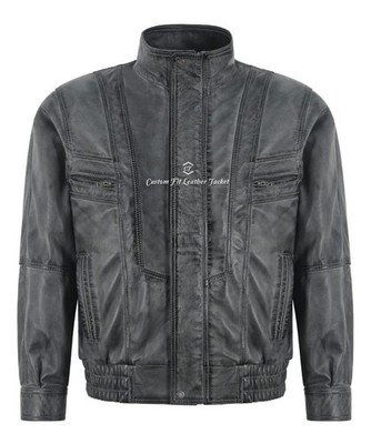 Herren Bomber Regular Fit Klassisch Grau Gewachste Lederjacke Blouson Style Jacke
