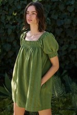 Free People Est Mila Mini Dress Smocked Puff Sleeve Shift Grasshopper L 285432