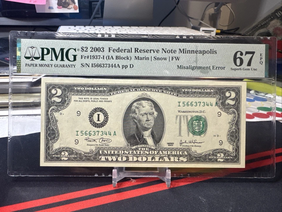 😎 2003  $2 Federal Reserve Note MINNEAPOLIS- "MISALIGNMENT ERROR" PMG 67 EPQ - Image 4 of 4