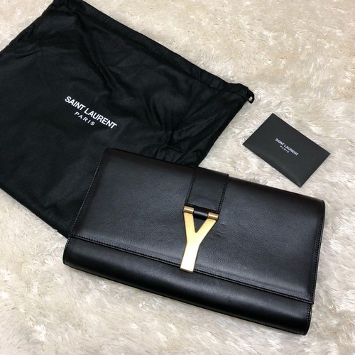 Saint Laurent YSL Ligne Y Clutch Bag Black Leather Size 16cm x 27.5cm