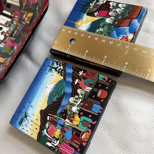 Hand-Painted Folk Art Wood Trinket Dish & Miniature Painting Decorative Colorful - Picture 4 of 6