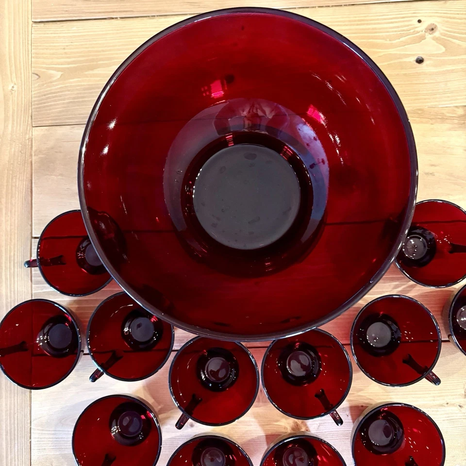 Vintage Anchor Hocking Ruby Red Punch Bowl Set 14 Pc with Stand & 12 Cups - Image 3 of 4
