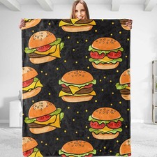 Funny Hamburger Theme Plush Throw Blanket Soft Warm Fuzzy Men Boys 50x60 Inch