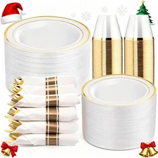 350Pcs Gold Plastic Plates for 50 Guests - Plastic Dinnerware Set, Includes 1...