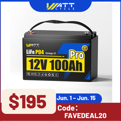 WattCycle 12V 100Ah Pro Group 31 LiFePO4 Battery Lithium 110A BMS RV Solar Panel