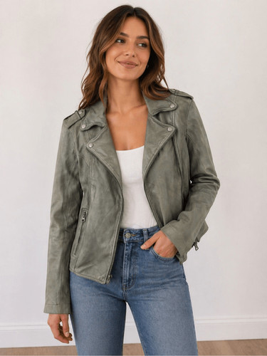 jkt Jackett NYC 100% Genuine Leather Moto Jacket Size Medium Green Zippers