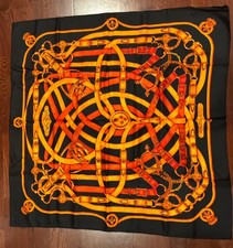VINTAGE HERMES WOMEN'S 100 SILK SCARF CAVALCADOUR D'ORINGNY black/red/orange