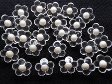 SWEET LOT 26 CLEAR PLASTIC FLOWER BUTTONS WHITE CENTERS