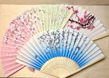 NOS Set Of 5 Flower Print Asian Hand Fans Foldable Fabric Wood Cherry Blossom