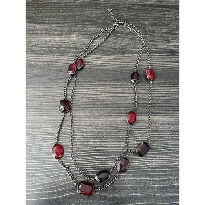 Vintage Express Gunmetal Black & Ruby Red Chain Layered Necklace 
