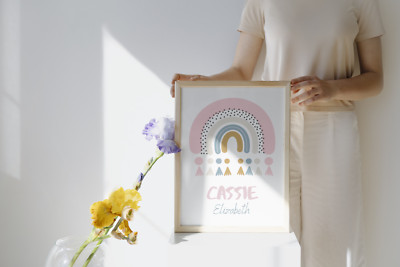 Children's Kid's Nursery Name Personalised Print Paper Pink Teal Rainbow Tassels