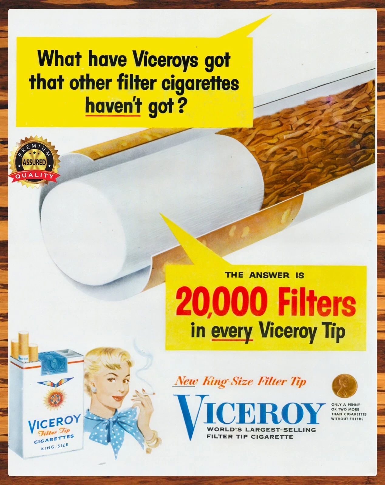 Viceroy - Cigarettes - Largest Selling Filter Tip - 1950s - Metal Sign 11 x  14