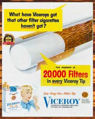 Viceroy - Cigarettes - Largest Selling Filter Tip - 1950s - Metal Sign 11 x  14