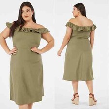 JUSTFAB Olive Green Off The Shoulder Linen Dress