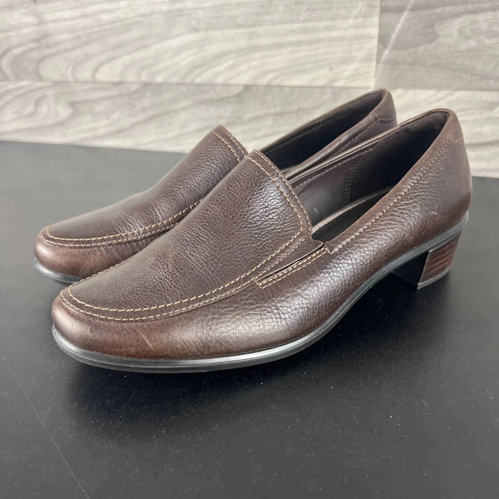 Mocassini ECCO donna taglia US 5 5 pelle marrone punta tonda scarpe comode slip on