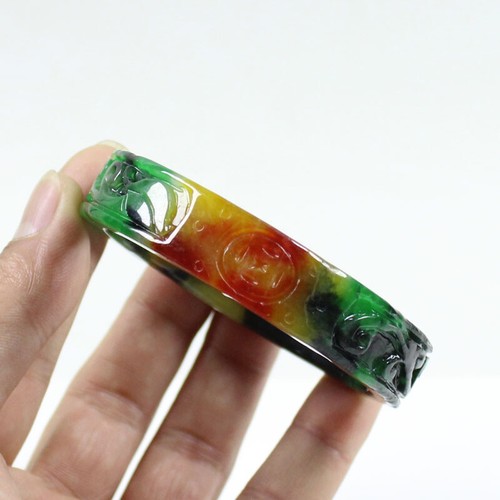 63mm Chinese Hand-carved Multi-Color Jadeite Jade Gems Bangle Bracelet j7669 - Picture 6 of 11