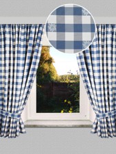 2er-Set Landhausvorhang Karo mit Edelweiß Dekoschal blau-weiß kariert Reihband