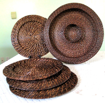 4 Wicker Rattan 13'' Charger Plates + 16'' Chip & Dip Rattan Server Boho Beach MCM