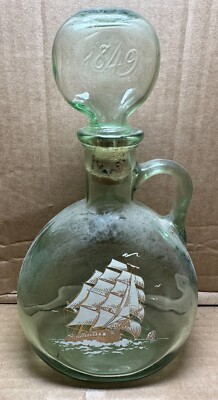 Old Fitzgerald Flagship Masted Ship DECANTER Stopper Green Glass Nautical Decor