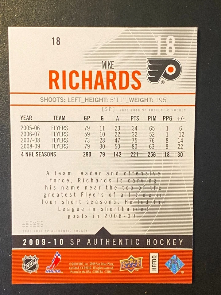 Mike Richards 2009-10 SP Authentic Hockey #18 Philadelphia Flyers - Image 2 of 2