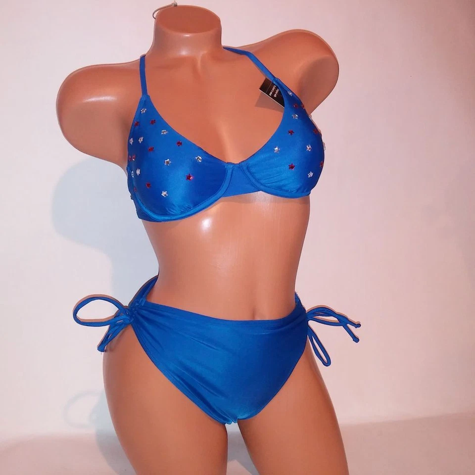 Bikini de natación No Boundaries pequeño superior e inferior azul con tachuelas estrellas brillantes acolchado y Foto 2 de 4