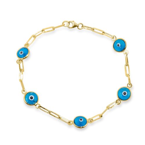 Bracelet clip papier or jaune 14 carats bleu mauvais œil avec chaîne - Photo 1/1
