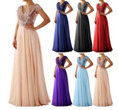Women's Summer Sleeveless V Collar Sequin Splicing Dress High Waist Long Skirt