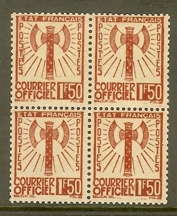 FRANCE STAMP TIMBRE DE SERVICE N° 8 "FRANCISQUE 1F50 BRUN BLOC DE 4" NEUF xx TTB - Photo 1/1