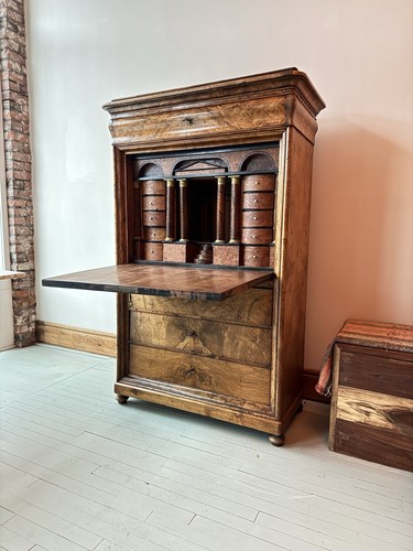 Antique 19th Century Walnut Burl Biedermeier Abatante Secretary Desk