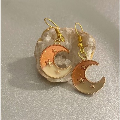 New -14K Gold Plated -Pink, White, & Gold Crescent Moon & Stars Boho Earrings