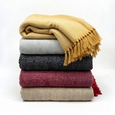 100% COTTON WOVEN HERRINGBONE FRINGED SOFA BED BLANKET THROWS TWEED SOFT MODERN