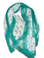 Teal Blue  White Scarf Polka Dot Sheer Crepe 70  x 24  Vintage