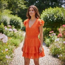 Alice + Olivia Dress 8 Womens Orange Knee Length Ruffled,tiered Short Sleeve