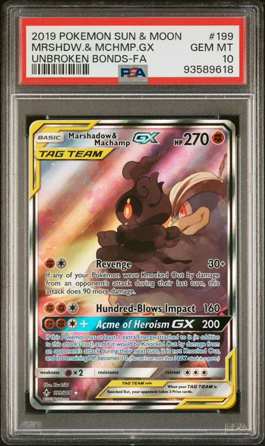 Pokemon Marshadow & Machamp Gx Unbroken Bonds Full Art 199/214 PSA 10 Gem Mint