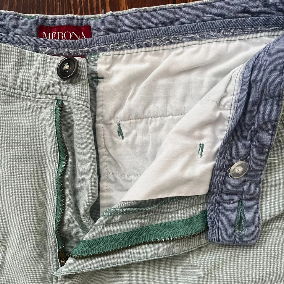 Pantalones Cortos Chinos Merona Para Hombre Talla 33" Verde Menta Frontal Plano Bolsillos Cortados Cremallera Foto 4 de 4