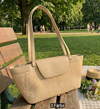 Damen Schultertasche Stroh gewebt Khaki/Beige...