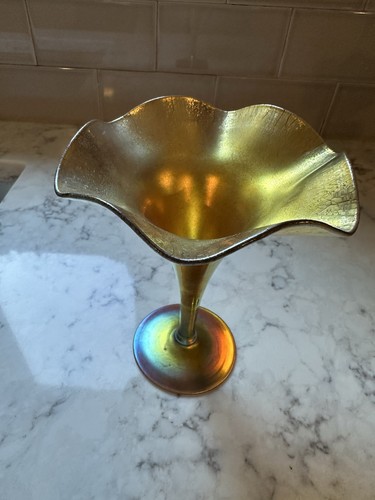 Antique STEUBEN Gold Aurene Signed Art Glass Vase FREDERICK CARDER Fluted 6”