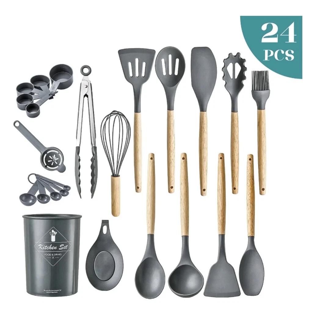 24 pc Silicone Kitchen Utensils Set w/ Holder, Non-Stick, Wooden Handles, GRAY