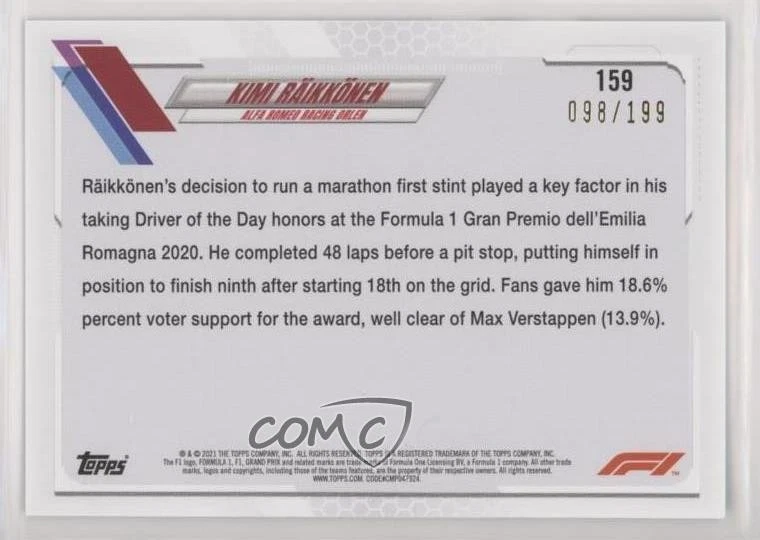 2021 Formula 1 Grand Prix Driver of the Day Aqua /199 Kimi Raikkonen Räikkönen - Image 2 of 2