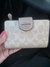 Coach Beige Folding Wallet Logo Pattern with Card Slots and ID Window for Women