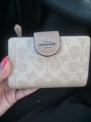 Coach Beige Folding Wallet Logo Pattern with Card Slots and ID Window for Women