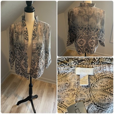 New Chico s Forbidden Flyaway Freeda Jacket Size 2 Large Gray Multi Linen Blend