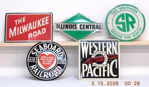 Vintage 1954 Post Sugar Crisp Cereal Railroad Emblems Lot of 5 Tin Signs