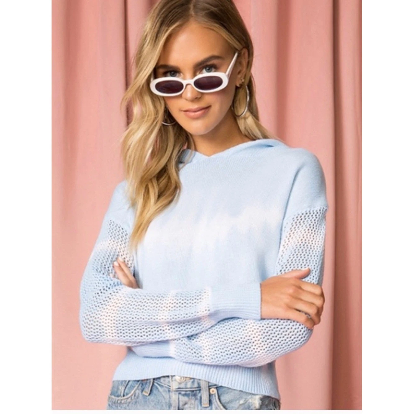 Superdown Light Blue Tie Dye Knit Hooded Sweater XS Beachy Coastal VSCO girl
