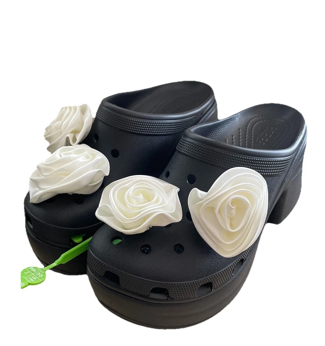 え。 CROCS Siren Rosette Platform Clog Black White Flower 210367-001 Sz