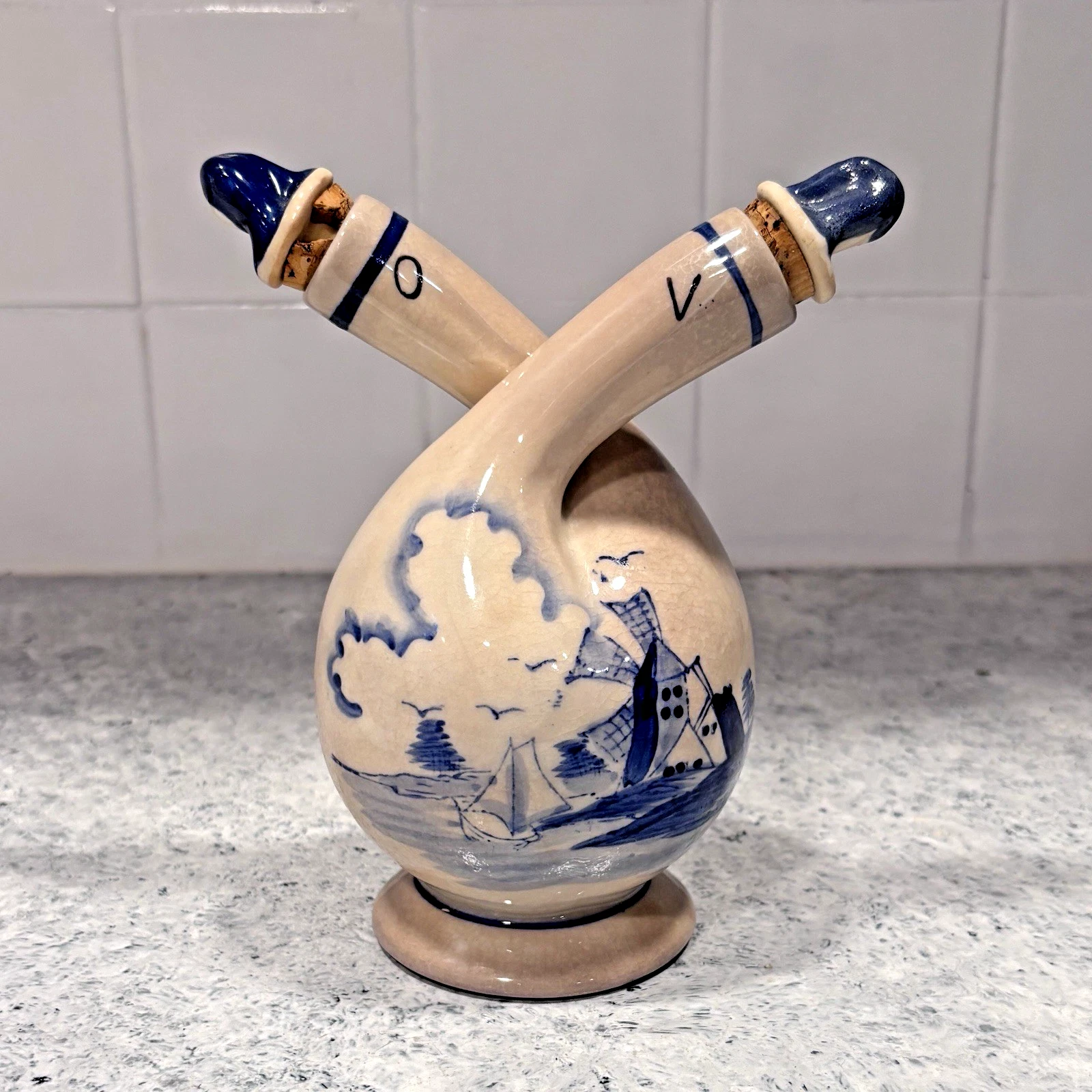 Vintage Oil & Vinegar Double Cruet Blue/ White Windmill Sailboat Tulips Stoppers