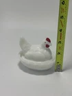 3 1/2" Vintage Westmoreland Milk Glass Covered Chicken Hen on a Basket Nest Dish